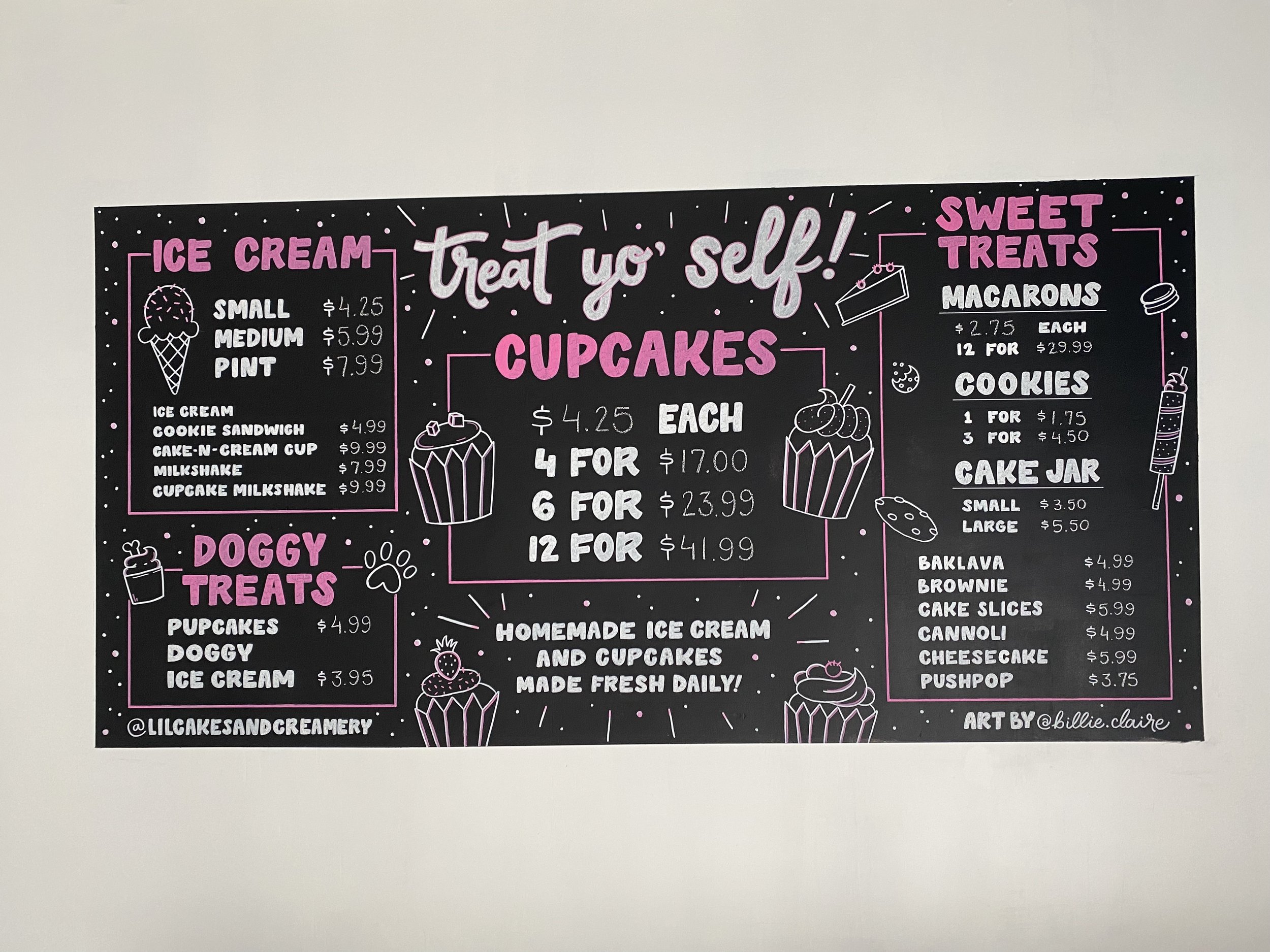 Hand painted chalkboard menu for Lil' Cakes and Creamery, Sterling, Virginia. 2025
