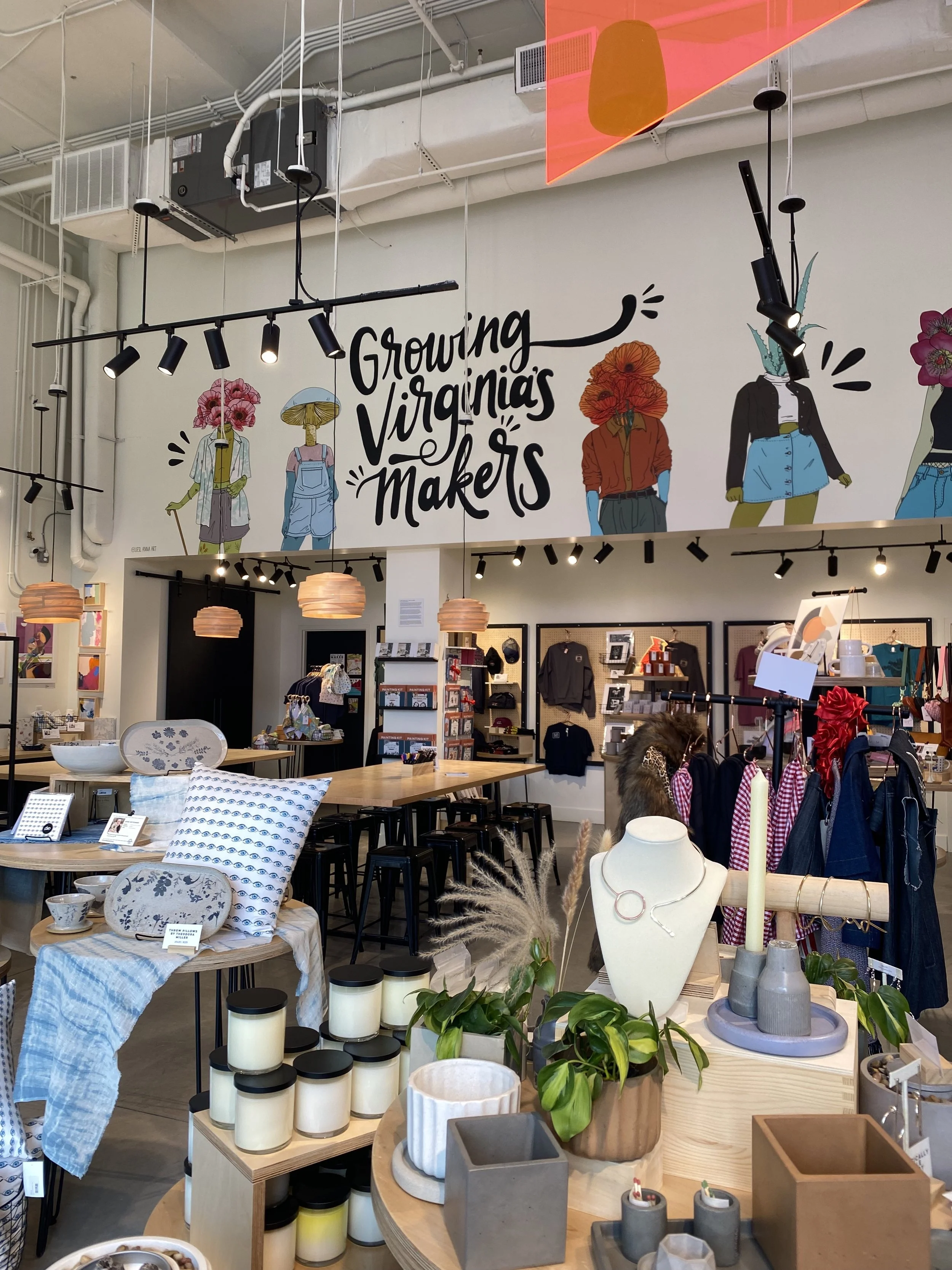 I painted the hand lettered portion of the mural for the opening of the Shop Made in VA Richmond location, fall 2024.