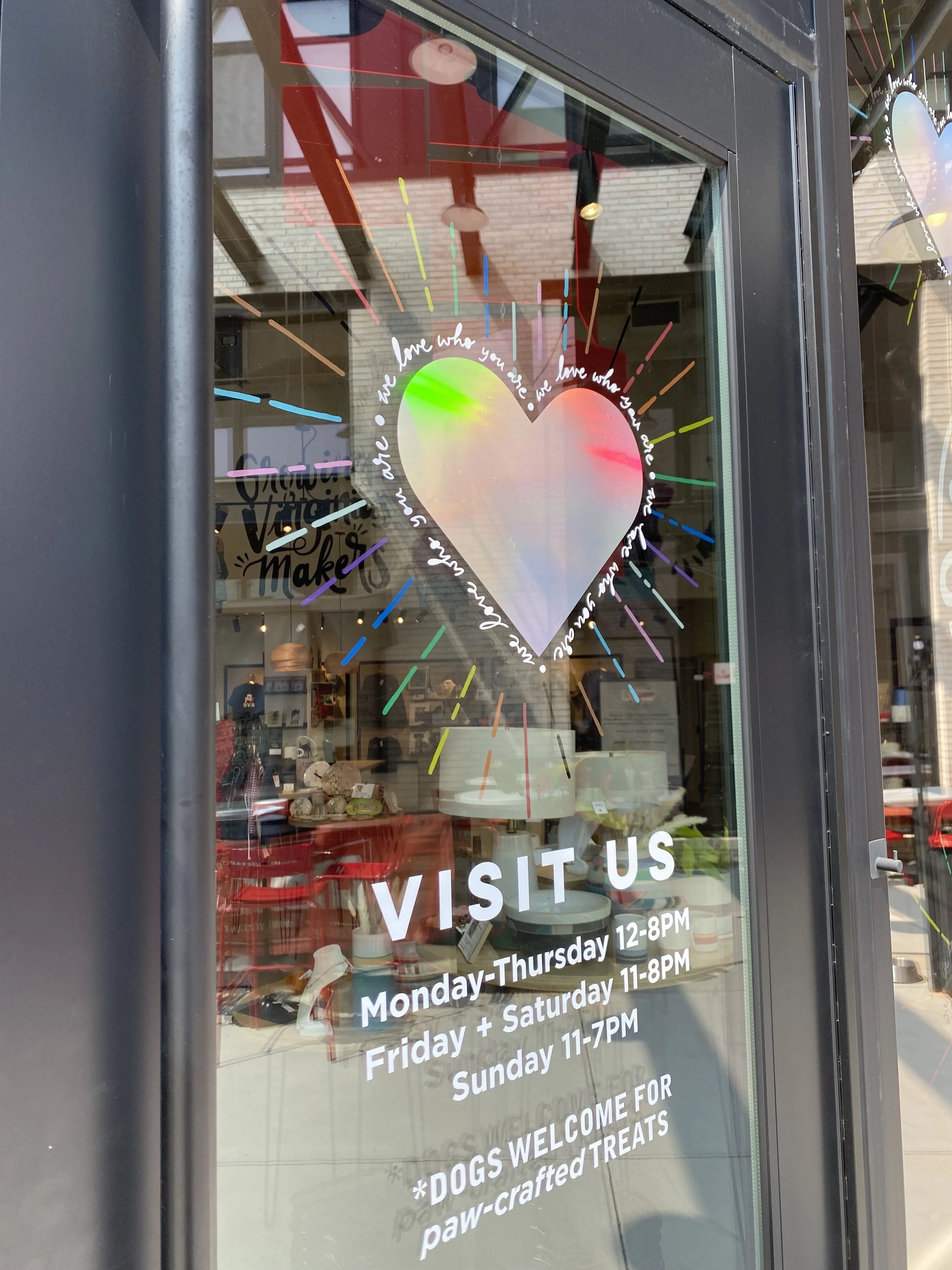 2025 Pride windows for Shop Made in VA Richmond (I painted the rainbow rays and designed the vinyl graphics).
