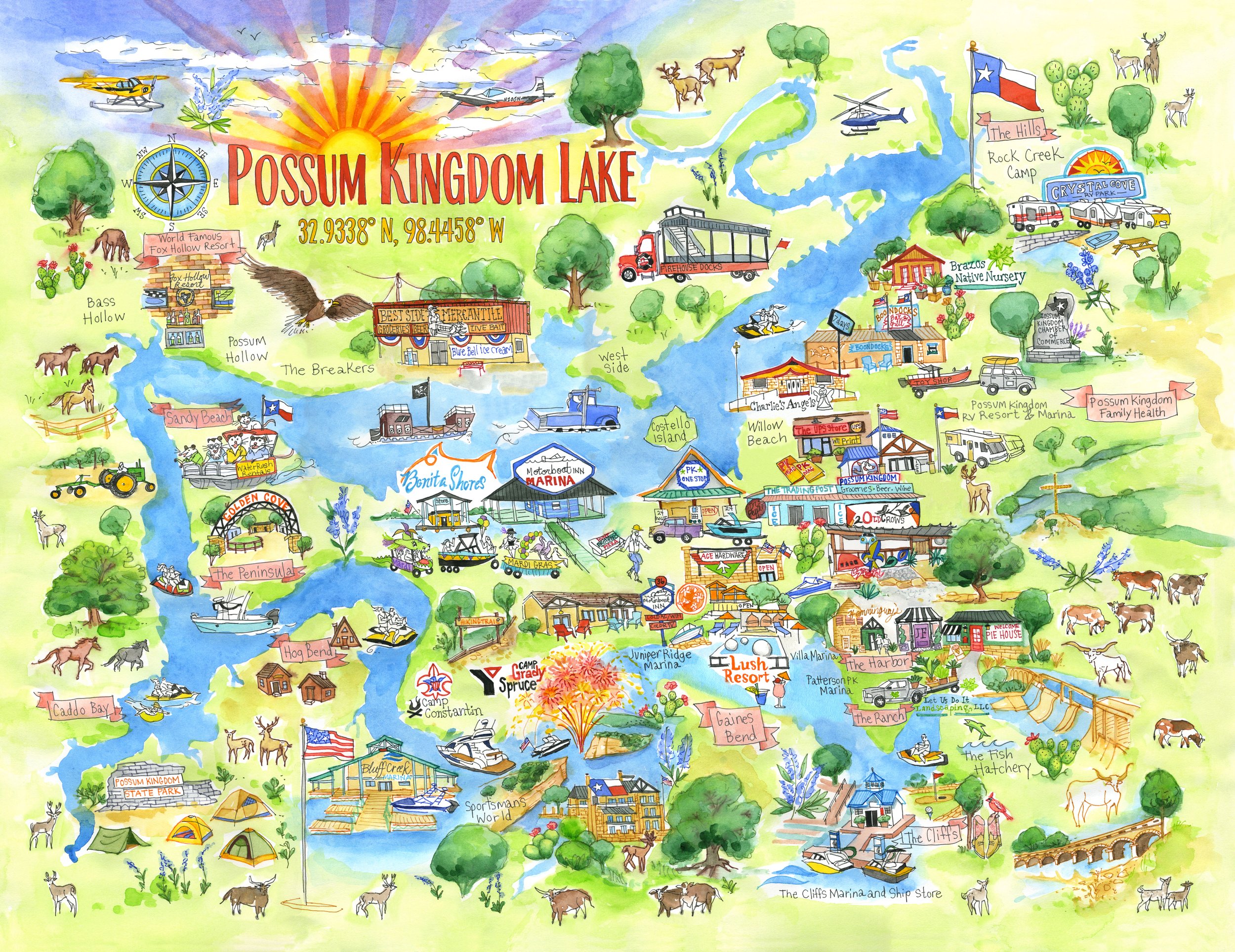 An illustrated map of Possum kingdom lake in texas for a jigzaw puzzle