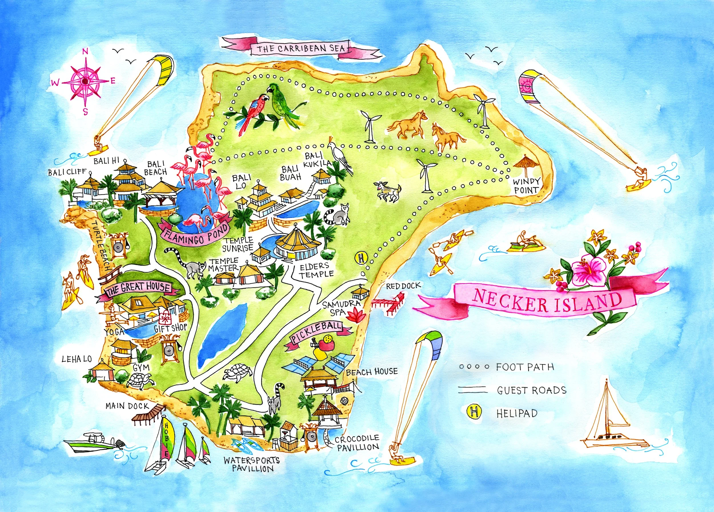 An Illustrated map of Necker Island