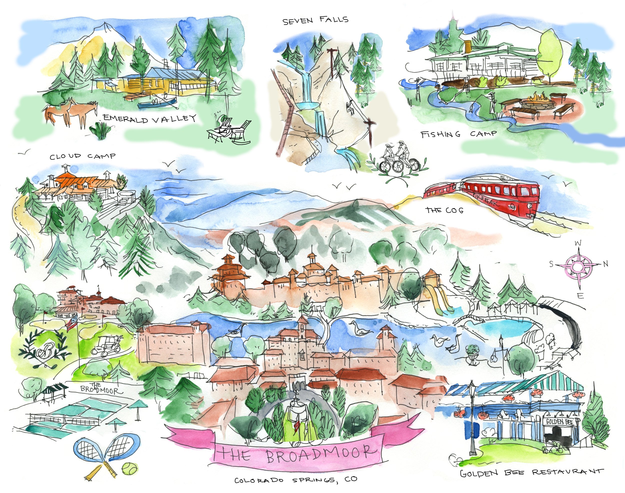 An Illustrated map of The Broadmoor Hotel and Resort