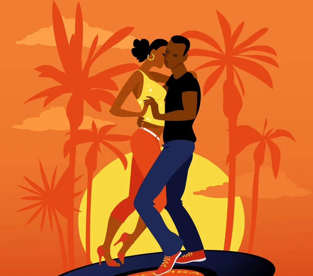 History of Rumba. Two people dancing the Rumba on a record - vector image