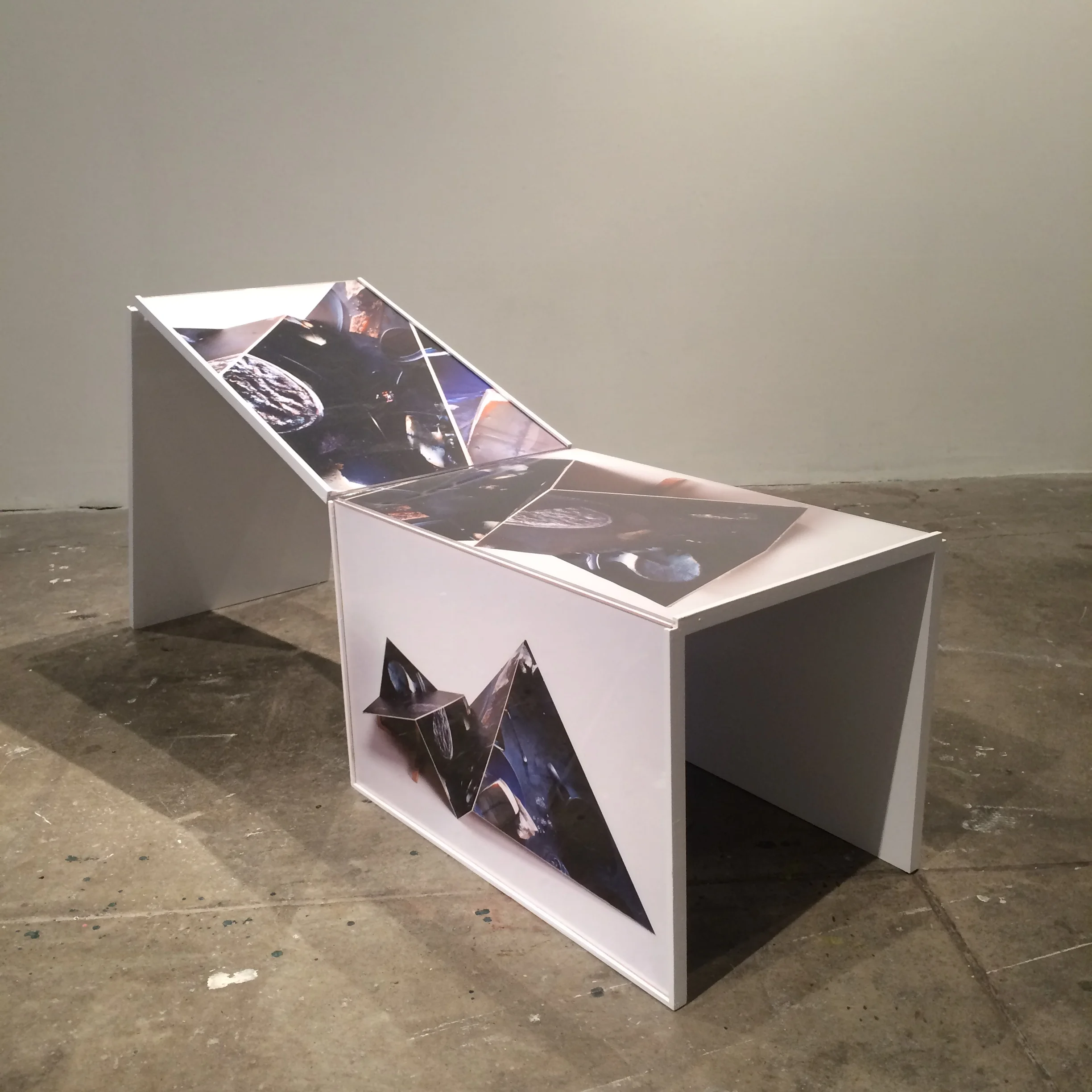 Where We Live: Vestige of Single Serving: Why you should create a decadent three course meal for one. Plywood, Plexiglass, digital prints, size variable, 2015