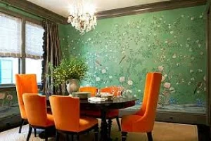 Green Dining Room, mural wallpaper, modern orange furniture. STUNNING! 