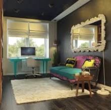WOW: This is an example of space that works. The room has been given a mix of styles, note the modern desk and chair, the sofa and mirror are more traditional in form, but modern in colour - therefore they relate to the desk and chair. The space is functional as a work-space, lounge and storage (opposite wall of built ins). The window give the room depth, light and its grounded by the area rug = all elements harmonize, Good Design. 