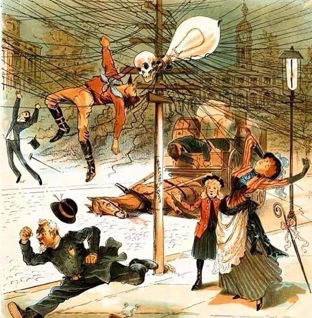 anti electricity cartoon from the early 1900s