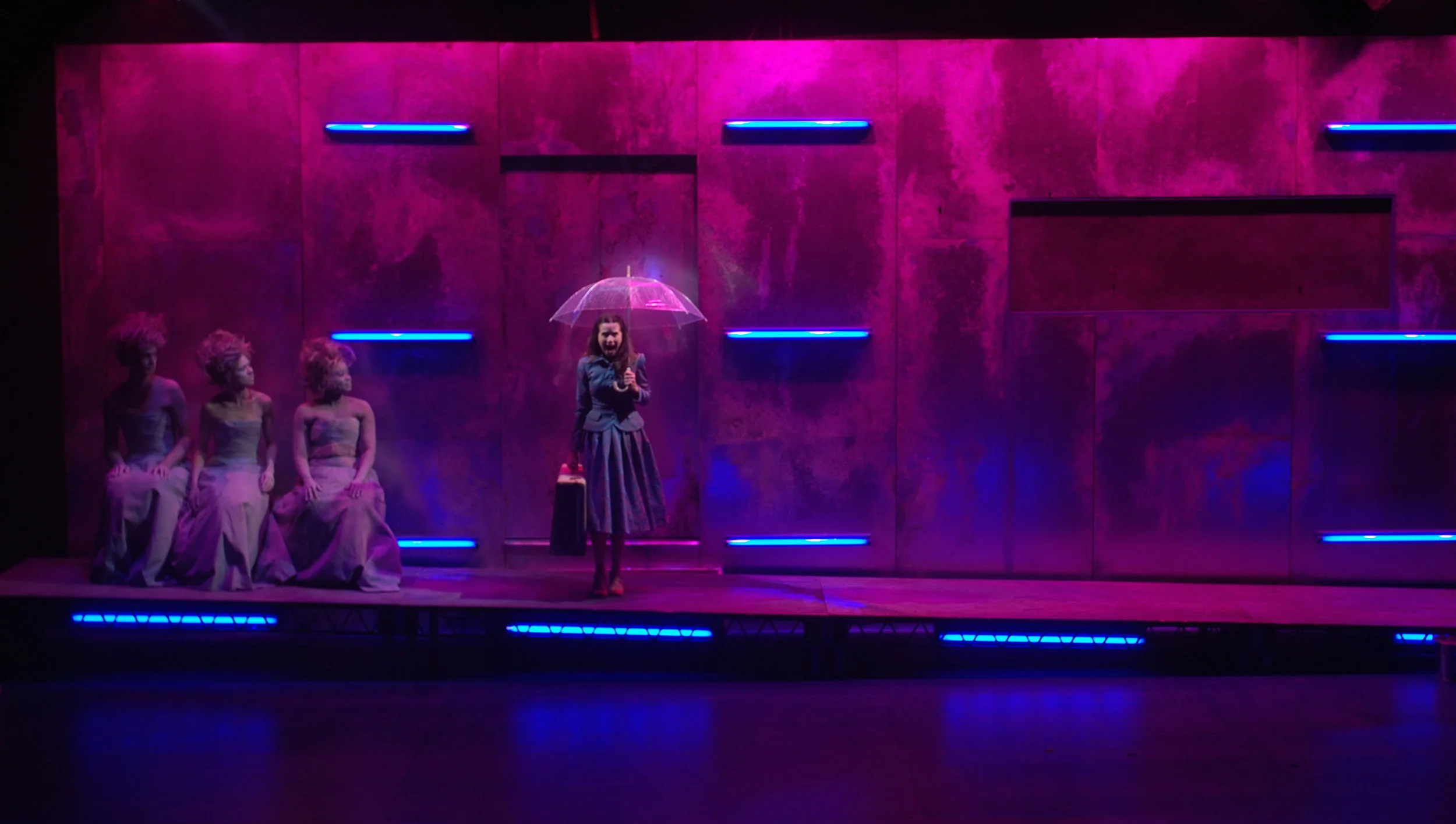 Eurydice by Sarah Ruhl, Soulpepper Theatre, Director: Alan Dilworth, Set and Costume Design: Lorenzo Savoini, Lighting Design: Kim Purtell, Sound Design: Debashis Sinha, Actors: Michelle Monteith, Courtney Ch'ng Lancaster, Oyin Oladejo, 