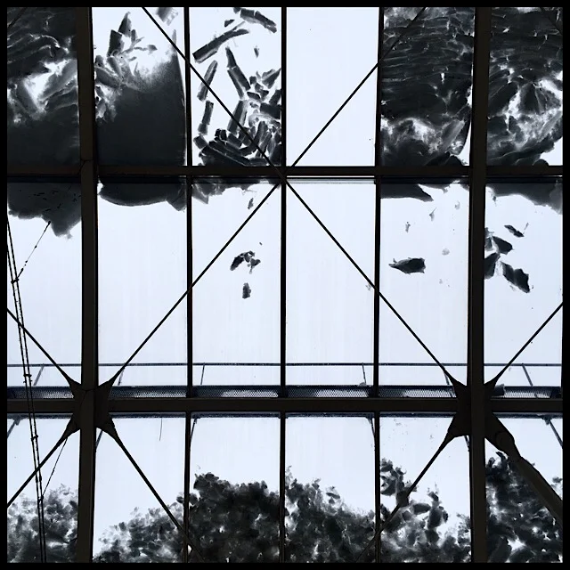 Arched glass roof, sliding snow fragments