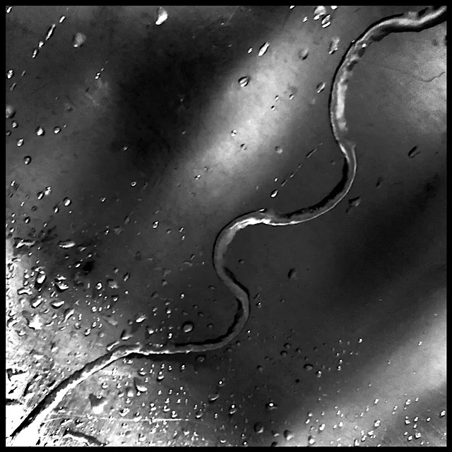 Water rivulet in kitchen sink, wending from saturated sponge under tap left dripping through a sub-freezing night