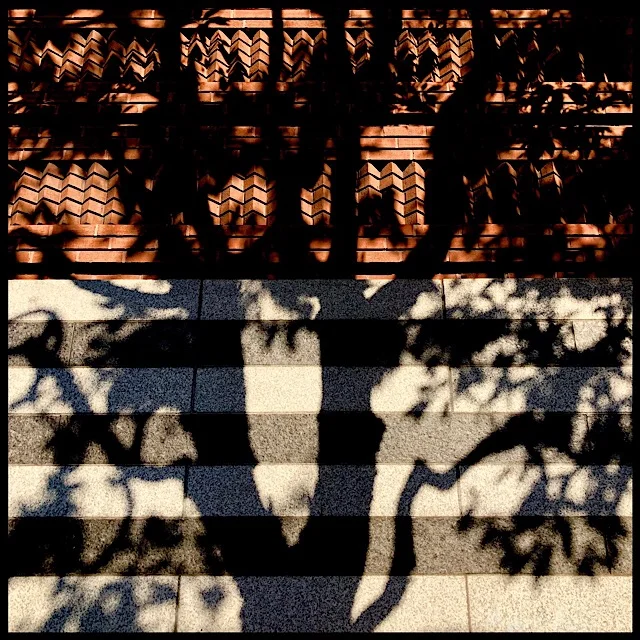 Dappled light and tree shadow on brick and granite façade