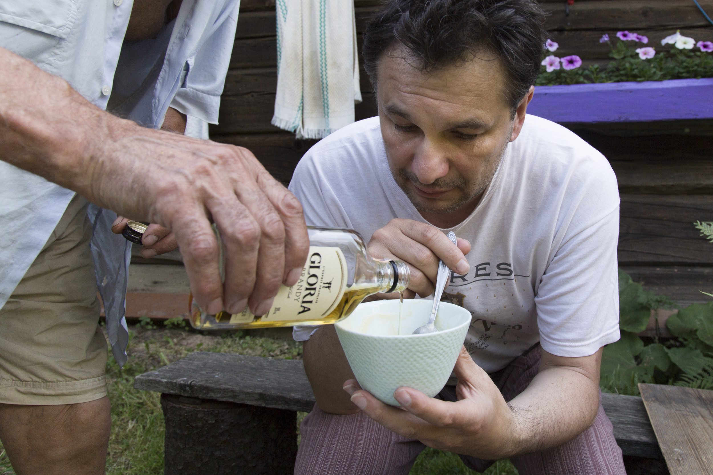 My grandfather adds brandy to my uncle's ice cream. "It always tastes better with brandy," said my grandfather.