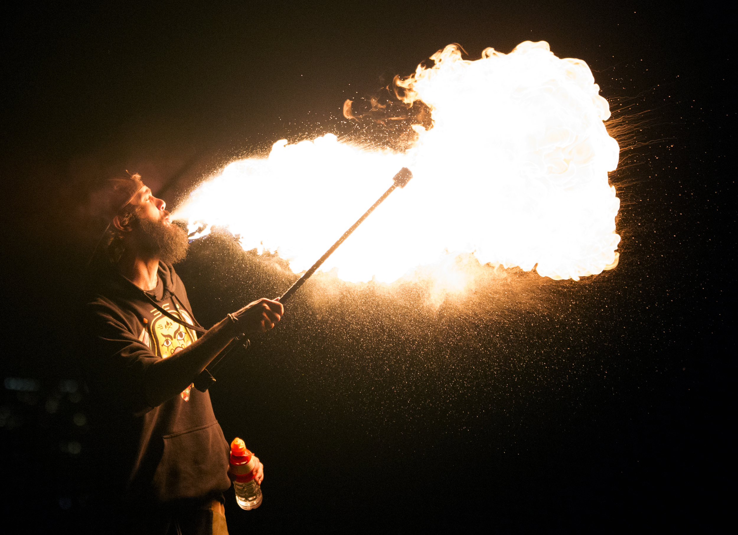 Ryan York spits fire at the Full Moon Fire Jam on July 1, 2015, at Chicago's Foster Beach.