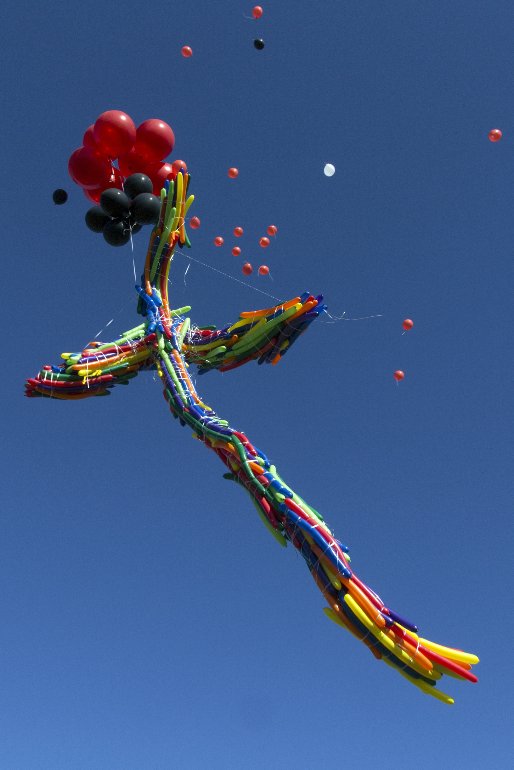A cross made up of long, thin balloons is released with hundreds of smaller ones.