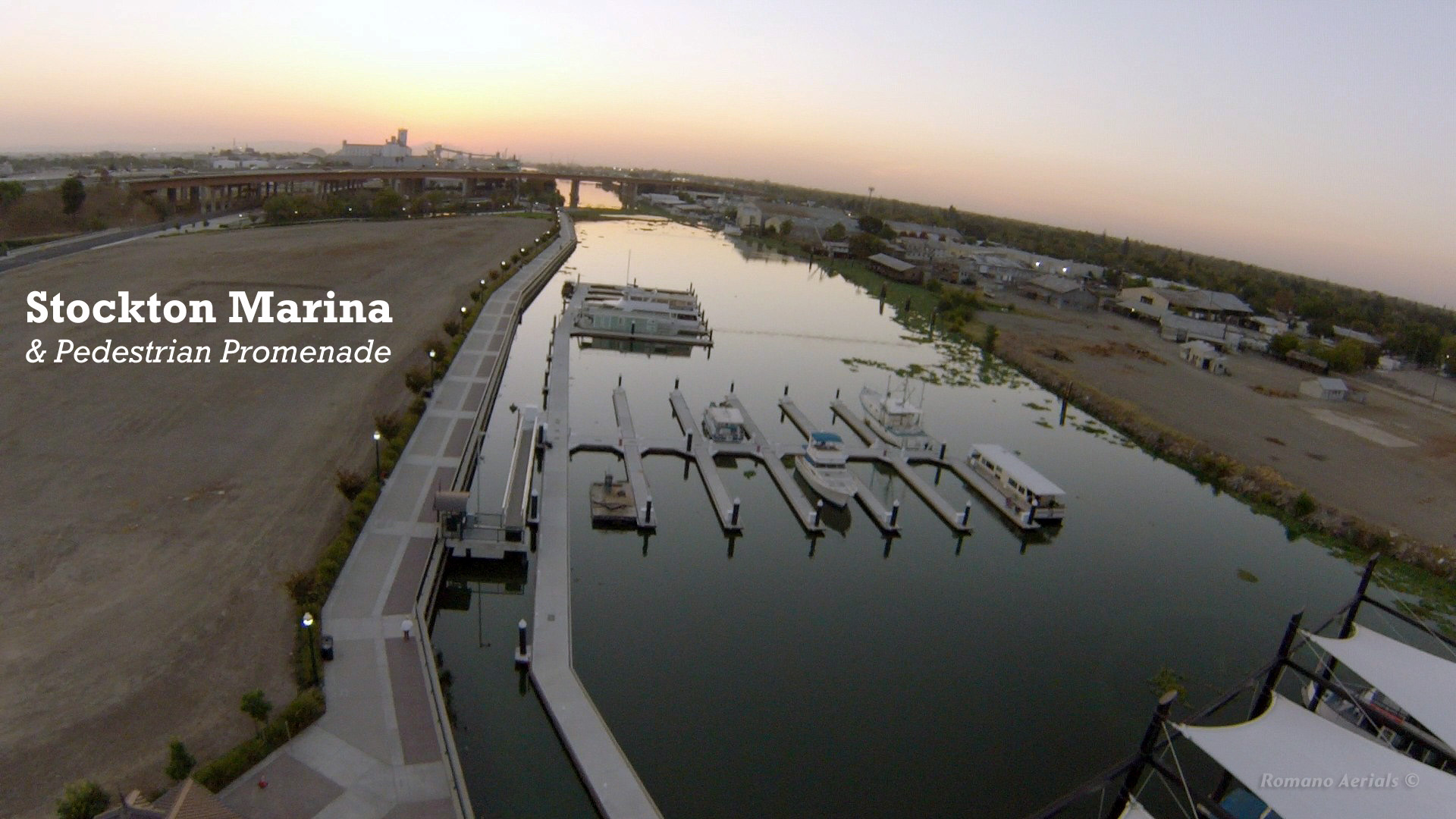 Looking West from above The Stockton Marina. The Port of Stockton in the distance.