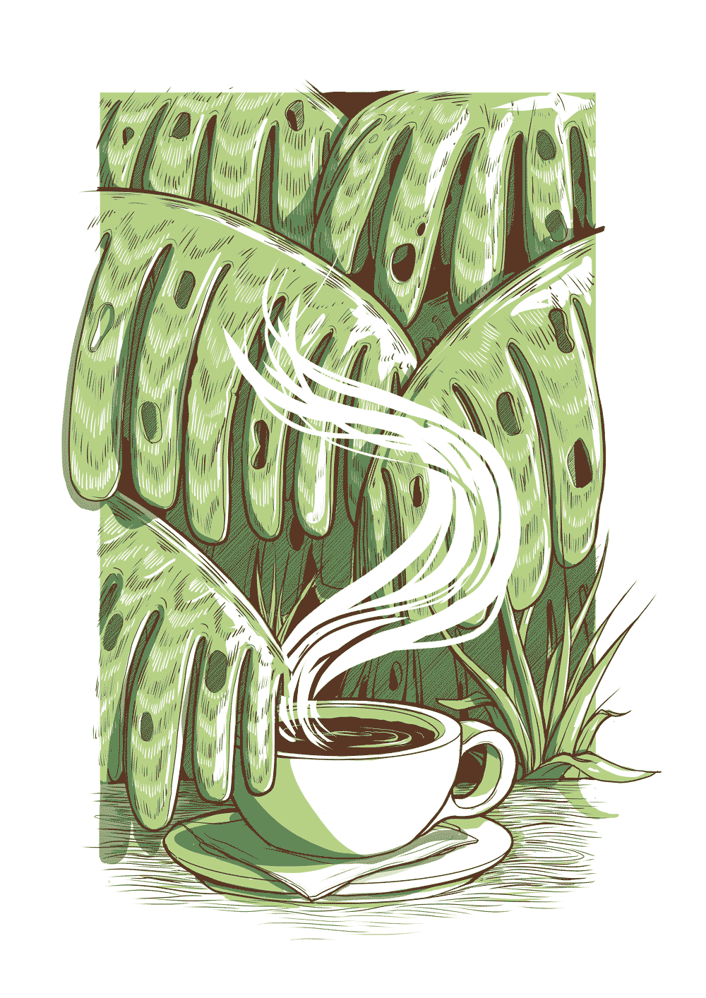 Ranforest Cafe Poster with green plants and coffee