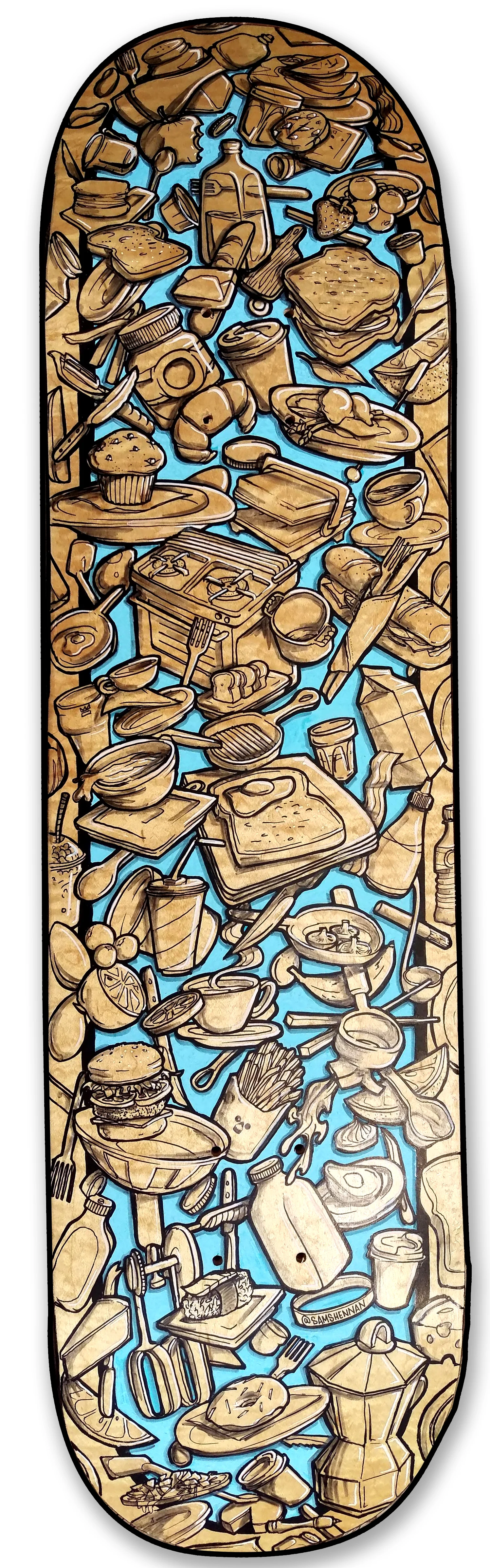 Finished hand painted skateboard with breakfast and brunch themed graphics