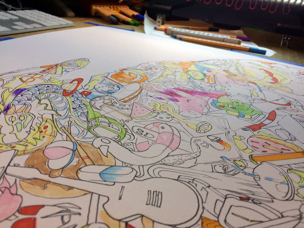 In progress ink drawing for bright colourful psychedelic kids imagination artwork