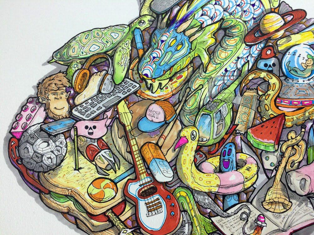 Close up of detailed colourful psychedelic kids artwork illustration