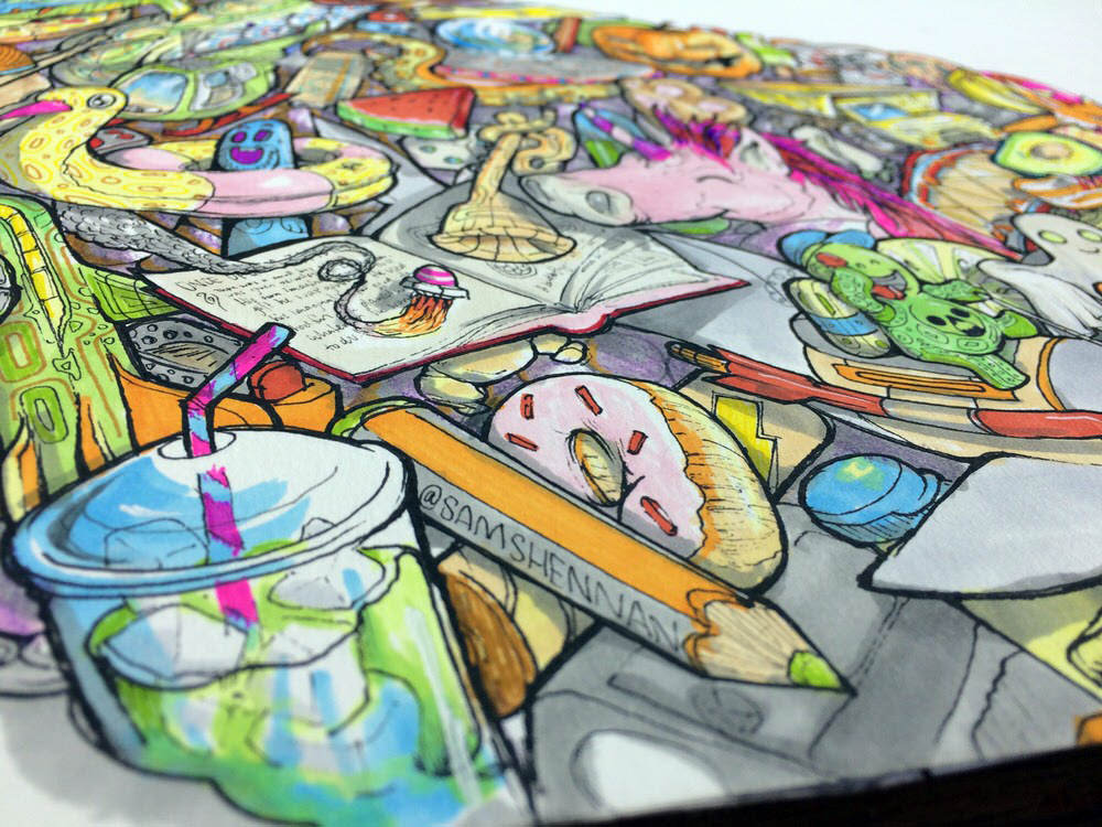 Angled close up of bright colourful psychedelic illustration of cheery kid's imaginative dreamscape. 