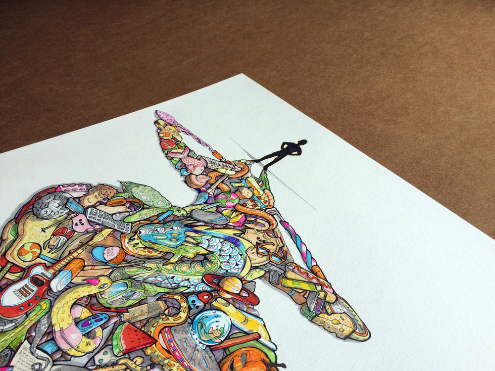 Silhouette of kid with big imagination drawing.