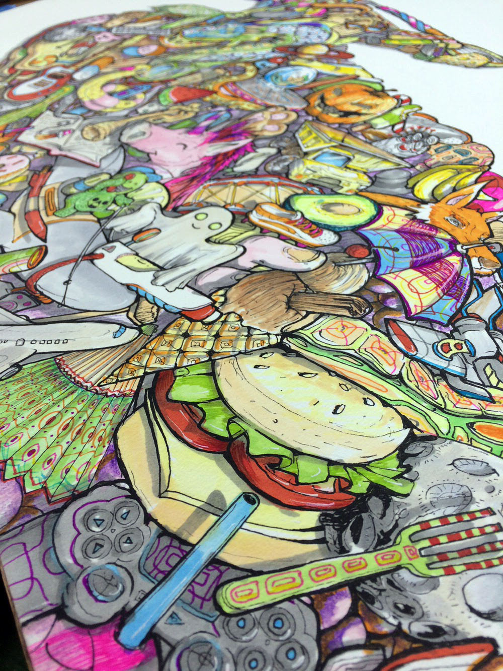 Close up of artwork showing a bright happy psychedelic imaginative dreamscape