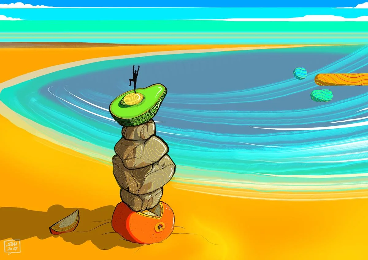 Lenovo sketch beach, rock pile and avocado
