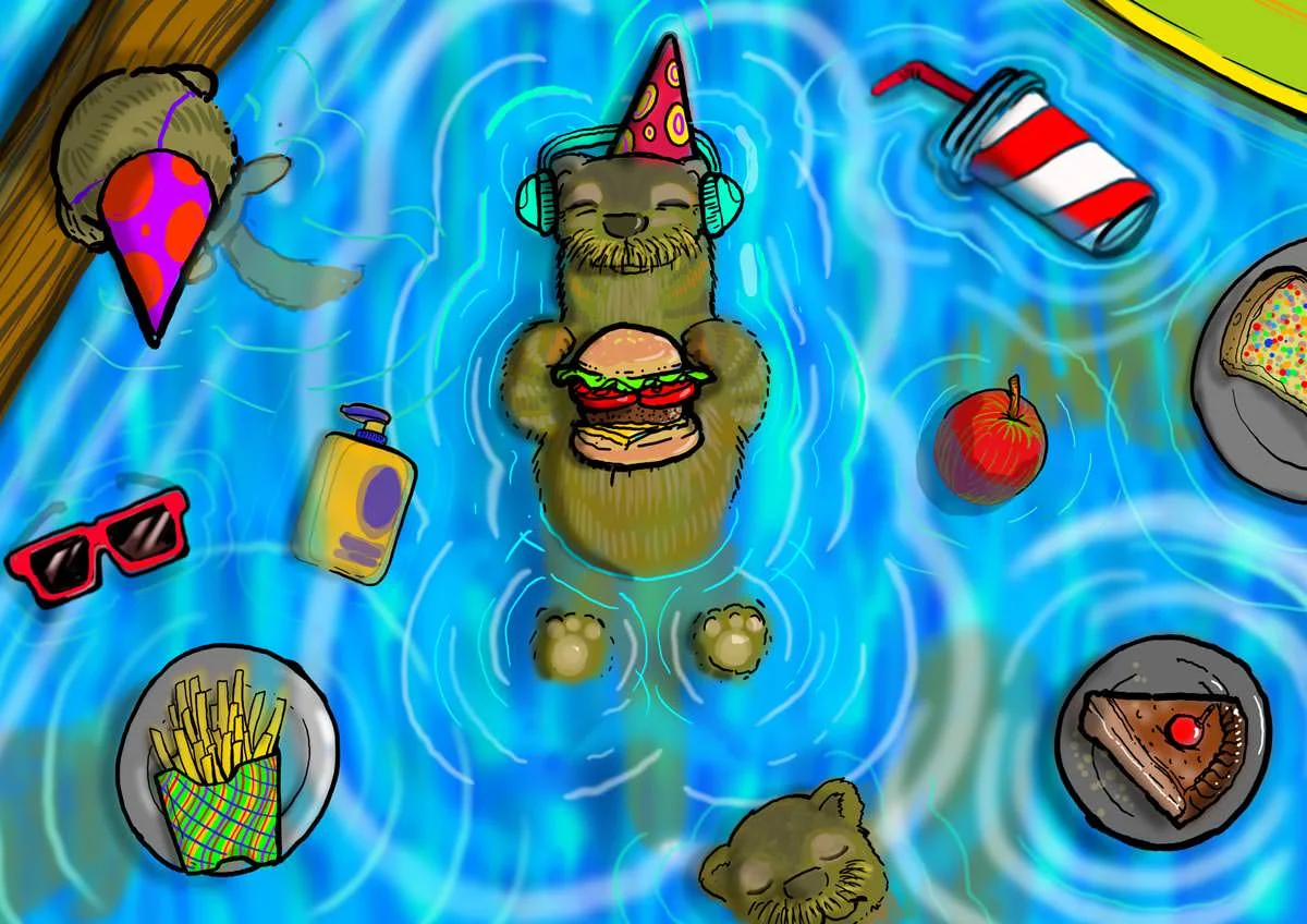 Lenovo sketch otter floating with junk food