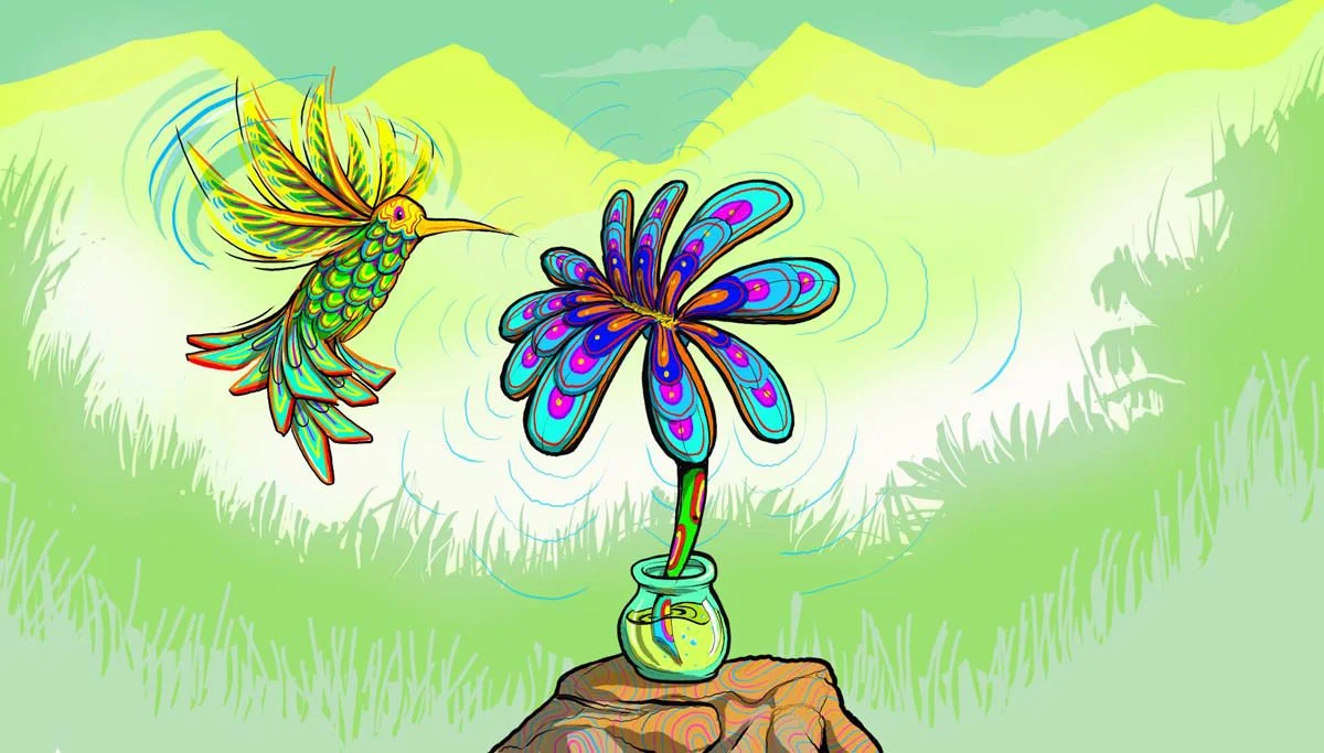 Lenovo sketch humming bird with flower