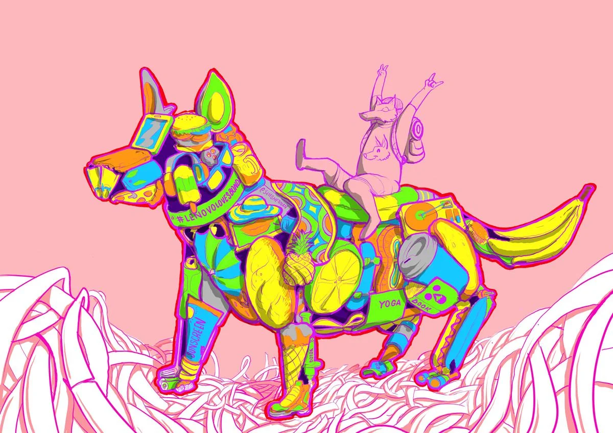Lenovo sketch man riding rainbow dog