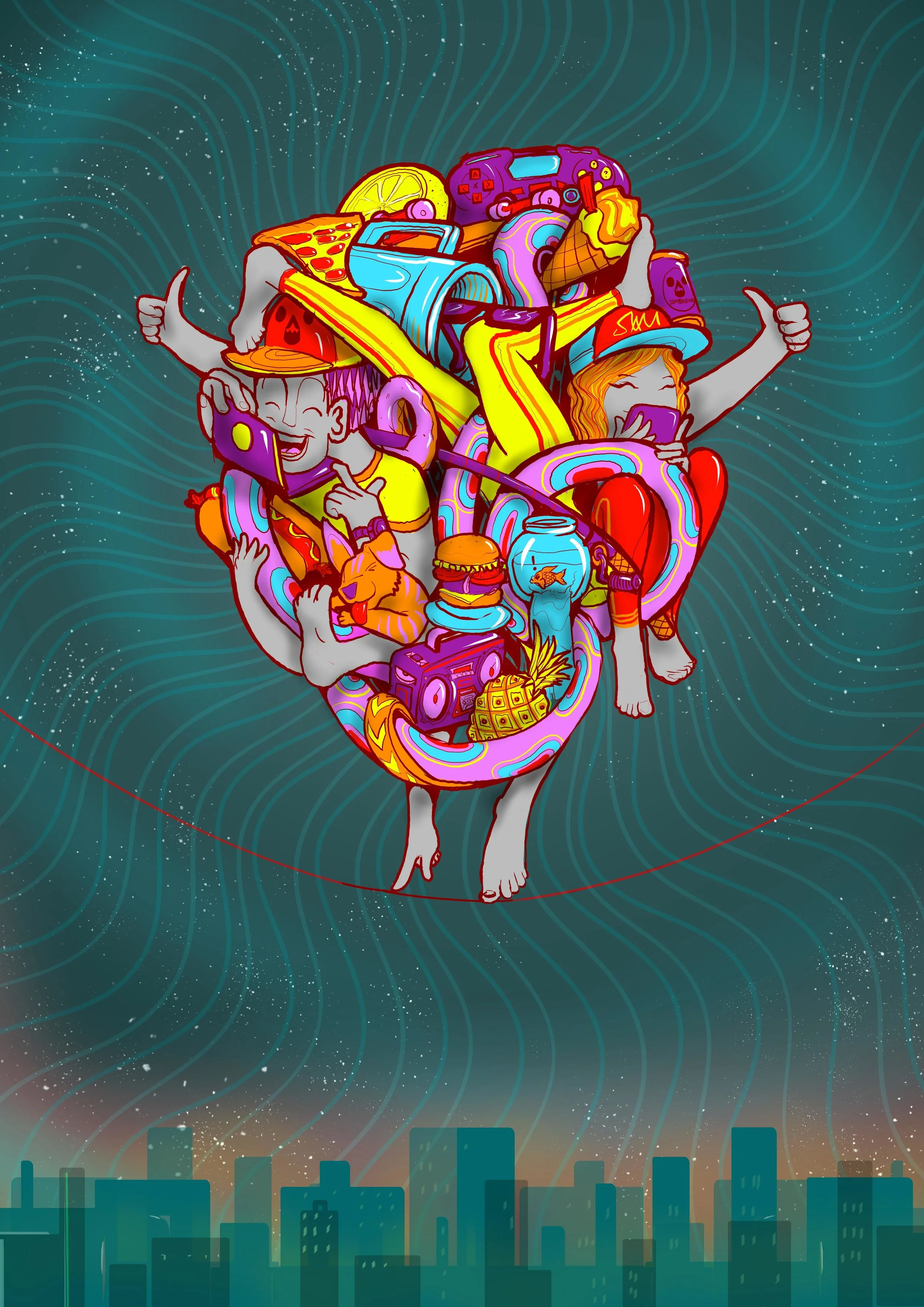 Lenovo sketch walking a tightrope above the city