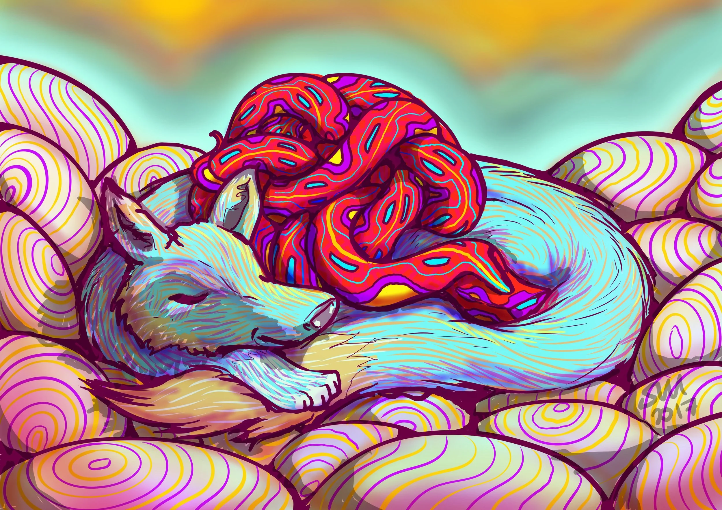 Lenovo sketch fox sleeping with red snakes