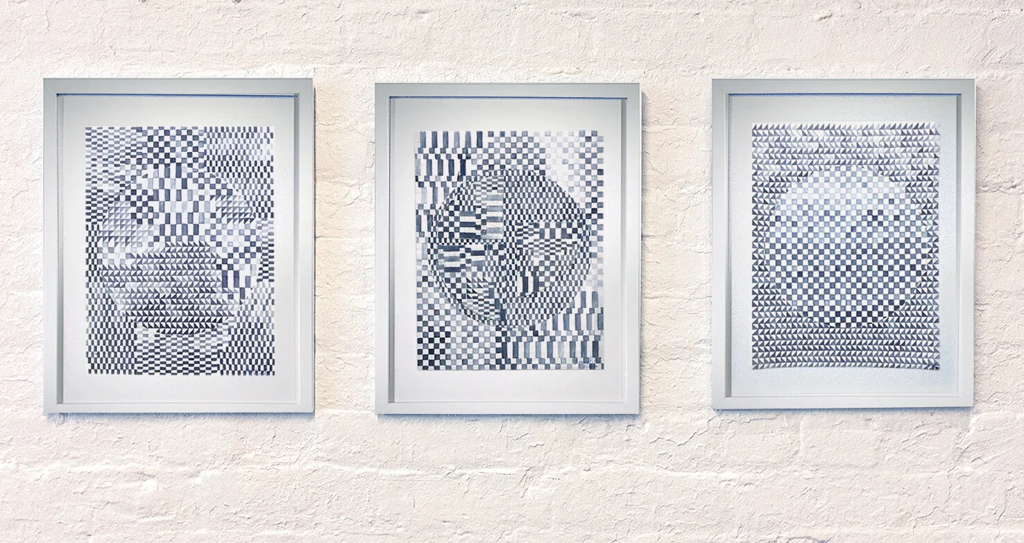  What In the World Indigo Study No01, No02, No03  2020  Handmade Indigo Ink, cotton canvas, acrylic and pencil on acid-free cotton paper  11 x 14 in [Individually Framed]  