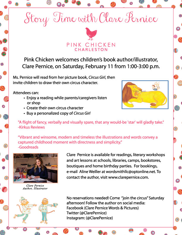 Meet Clare Pernice at Pink Chicken, 225 King St, Charleston, SC