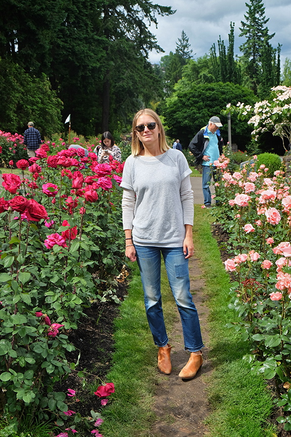 Checking out the roses in Portland at Washington Park in Portland