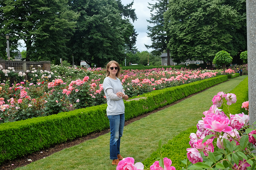 checking our more roses at Penisula Park in Portland