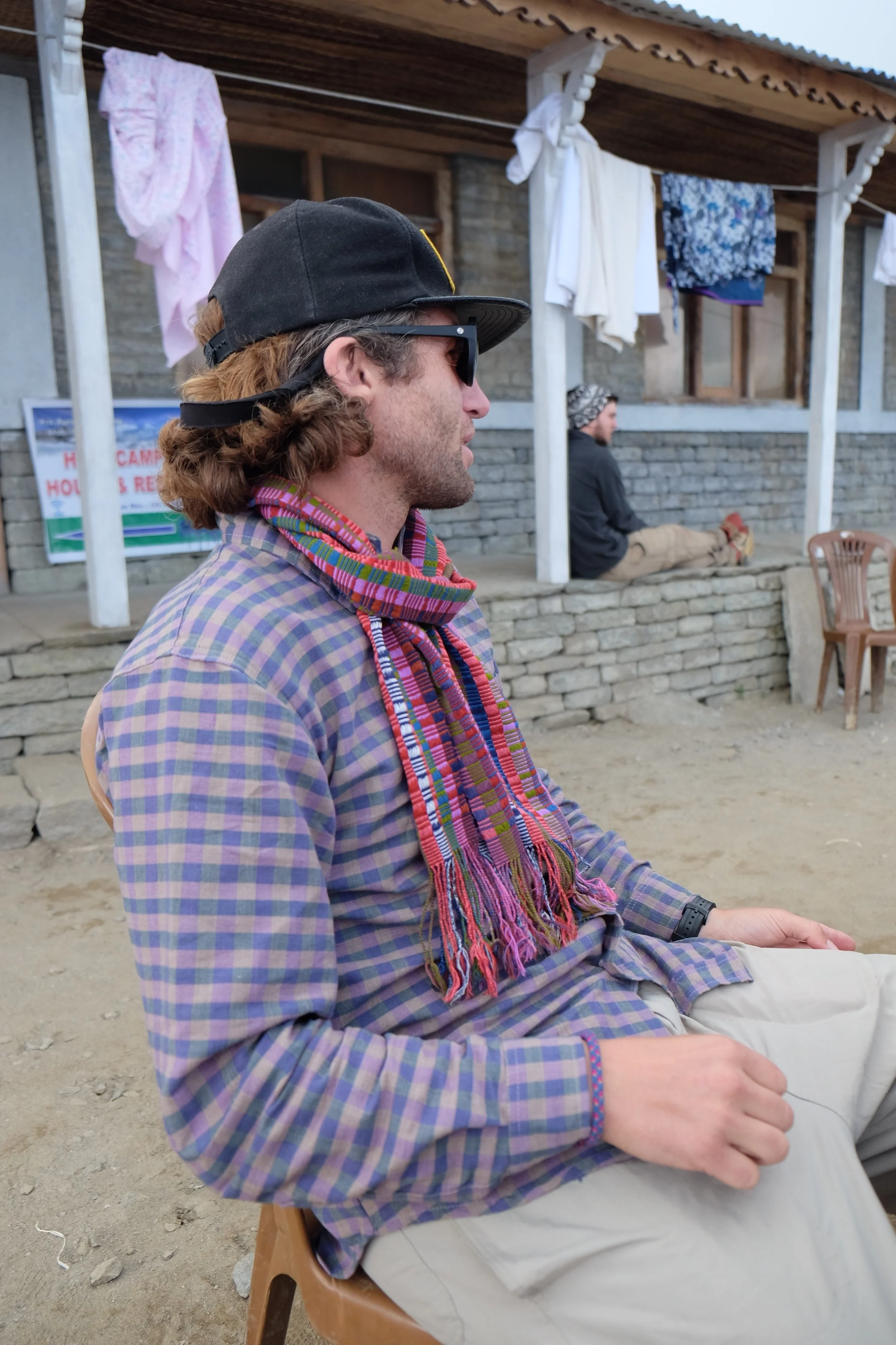 Trail fashion at High Camp (11,745ft): Shirt from Nepal and scarf from Bhutan