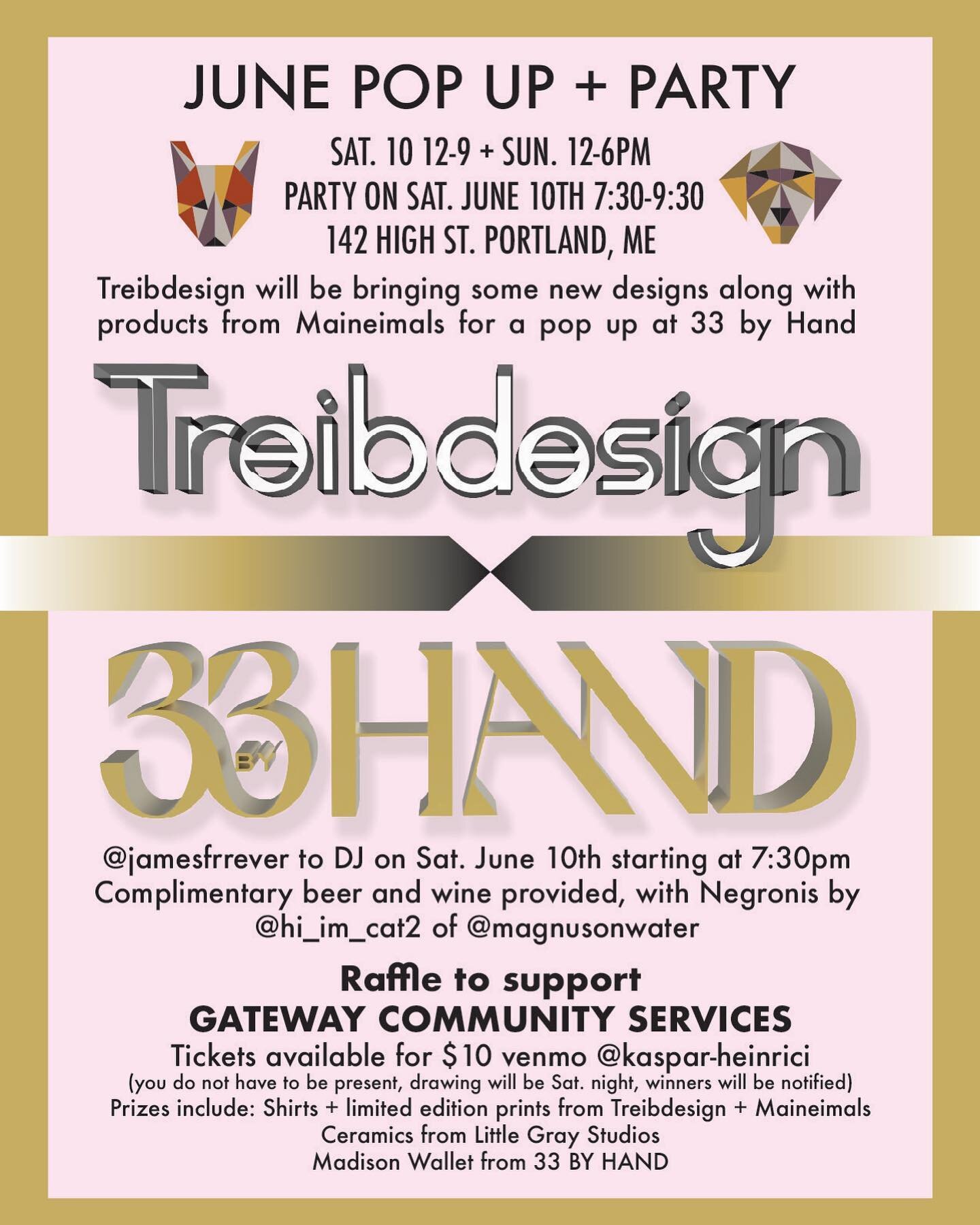 Summer is here! Come out and see @treibdesign with @maineimals popping up @33byhand 142 High St. Sat. June 10th and Sun. The 11th.  Party starting at 7:30 on Sat. With raffle drawing to benefit @gatewaycsmaine (prizes from @littlegraystudios 33 by Ha