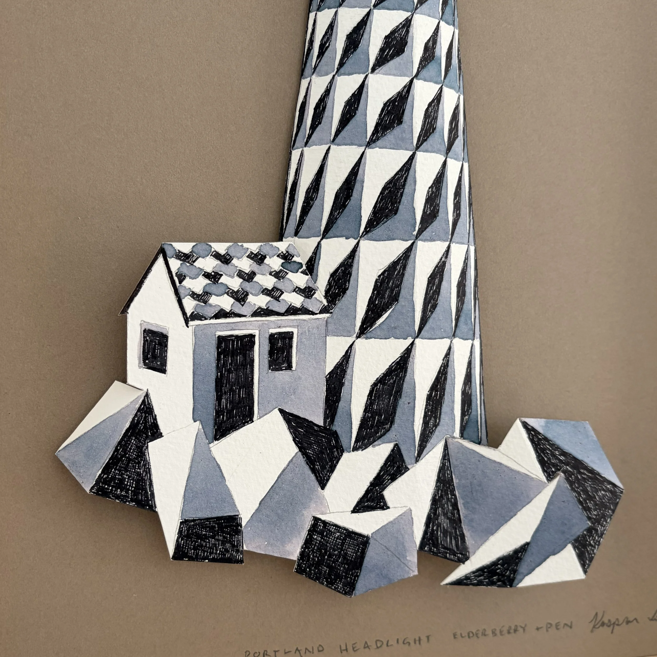  Title:  Portland Head Light   Artist: Kaspar Heinrici  Size: 14 x 11in.  Medium: Elderberry and pen on cold press rag mounted on colored mat  Price: $300 