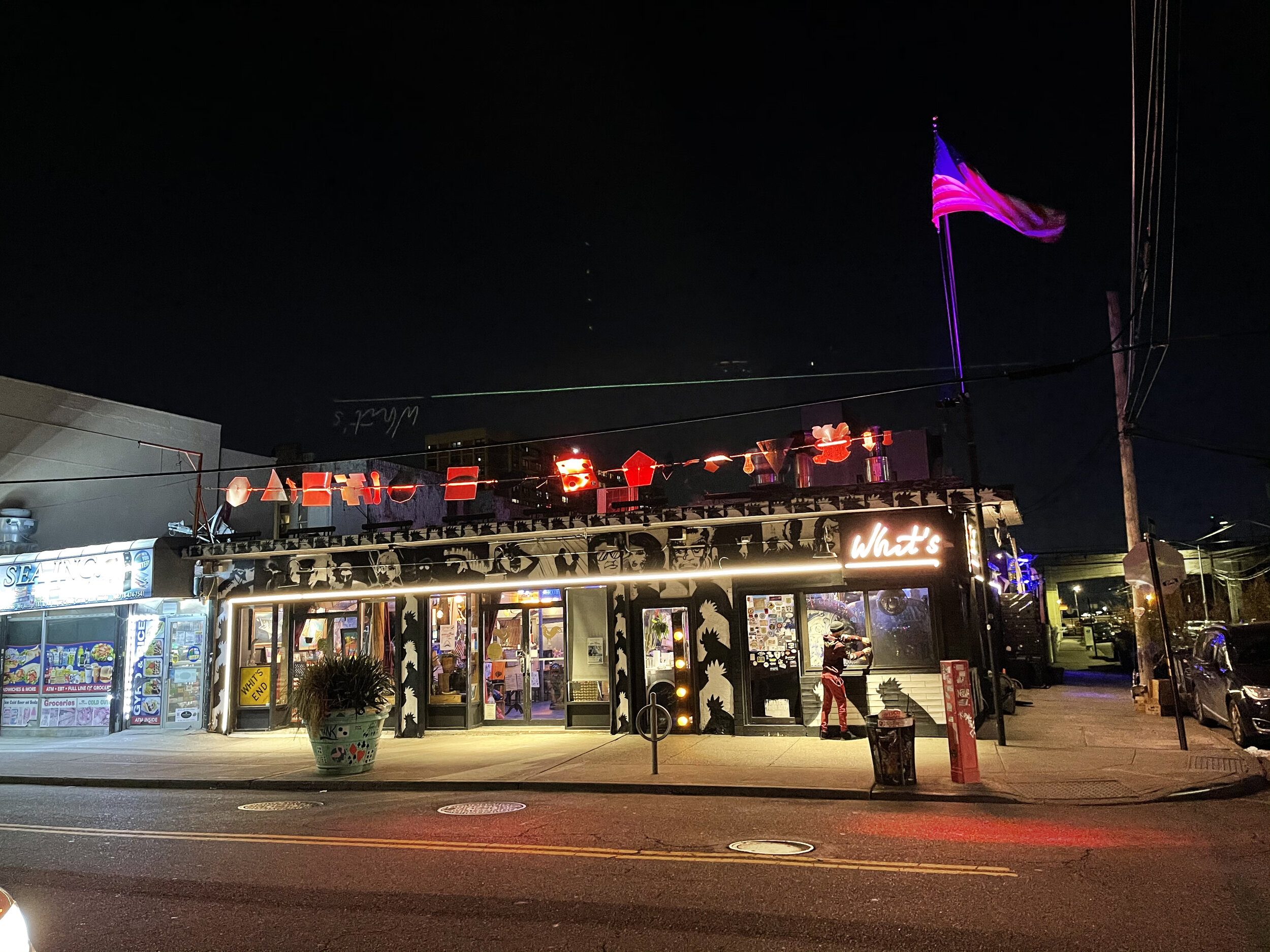  Imagined, designed and created in house for Whit’s End Restaurant. 20 2 foot chromed aluminum wind activated reflectors in various shapes over color changing up lights to create dancing light beams that react to the weather and light up the block, a