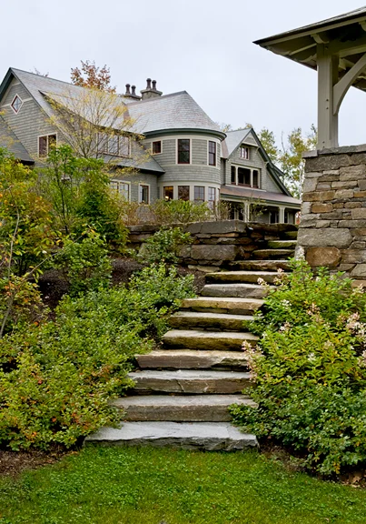 New home construction. A stone stairway and gazebo in the Upper Valley.
