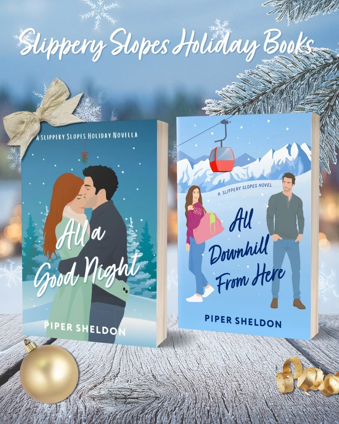 Did you know I have two seasonal stories that take place in the small town of Slippery Slopes?
🎄 All a Good Night - Brother&rsquo;s best friend, forced proximity Christmas Novella 
❄️ All Downhill From Here - Stuck in a tram, grumpy sunshine, NYE no
