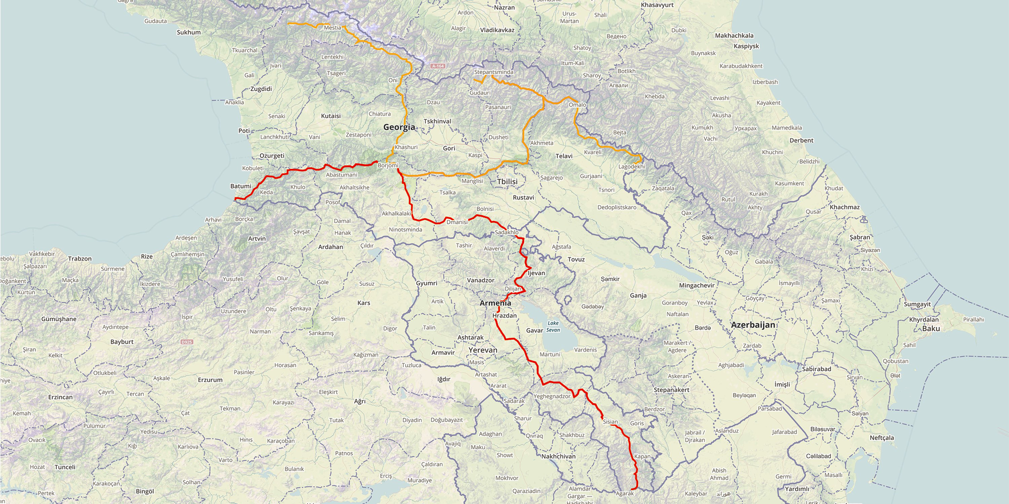 (Red) TCT south-north route, Lesser Caucasus range. (Orange) TCT East-West route, Greater Caucasus range. This image is pulled from www.transcaucasiantrail.com and is for illustrative purposes only; the current route diverges quite drastically in Northern Armenia.