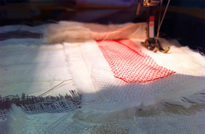 Stitching pieces of linen together for a textile art piece | Cloudberry Lane 