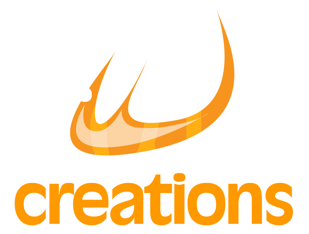 Orange and white logo with abstract flame-like design and the word 'creations' in lowercase letters.