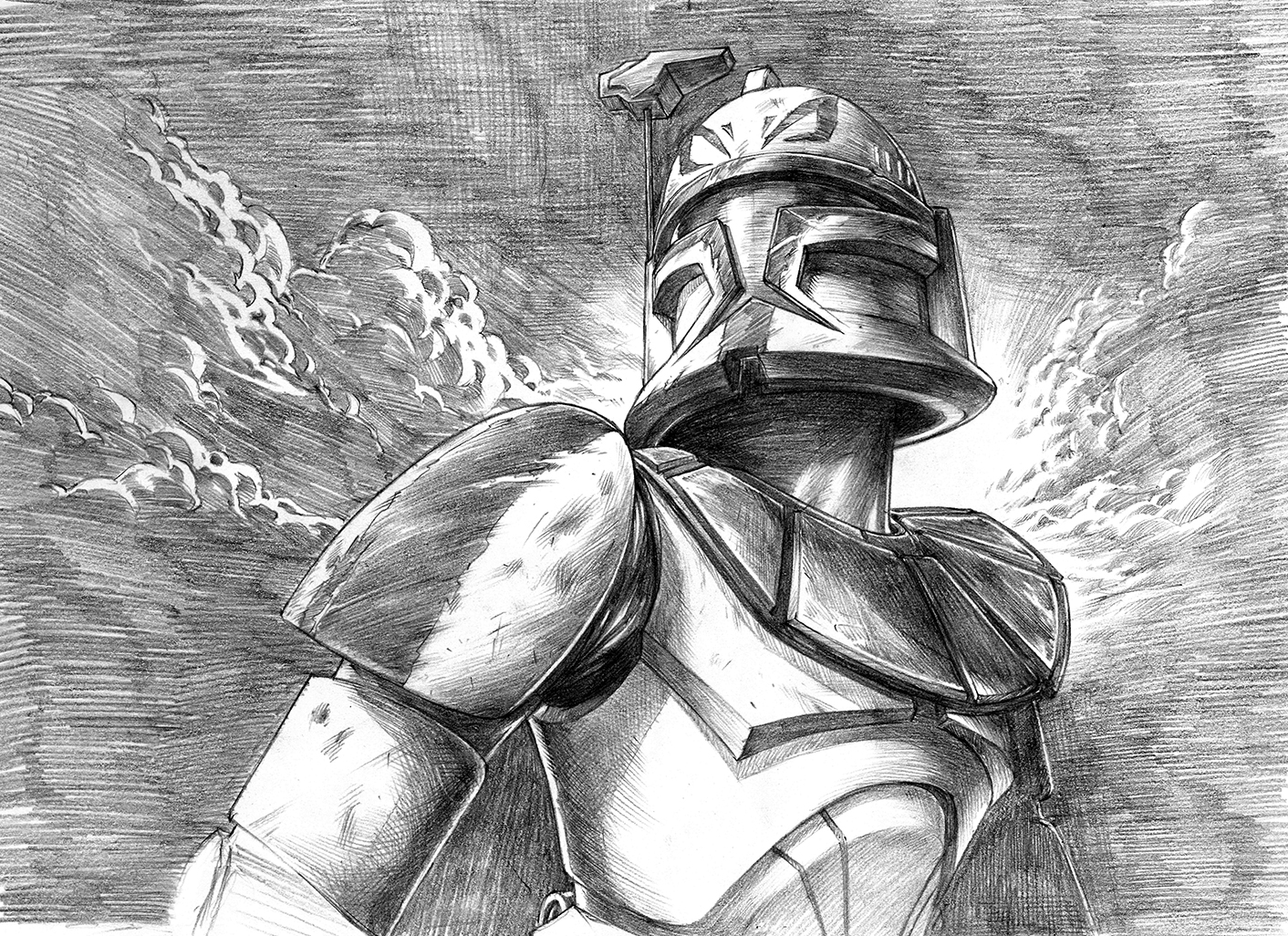 The final pencil when the idea was still to have Rex to be a little torn up from battle.