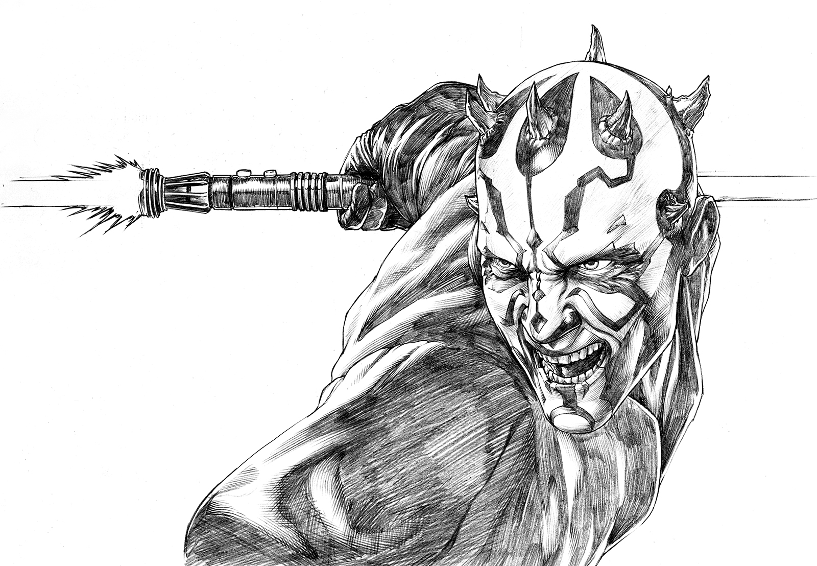 After a few quick approvals from Lucasfilm (and more than a few Ray Park head studies) I got this guy to the end of the conceptual line with a smooth final pencil for the painters at Pilot to work from.