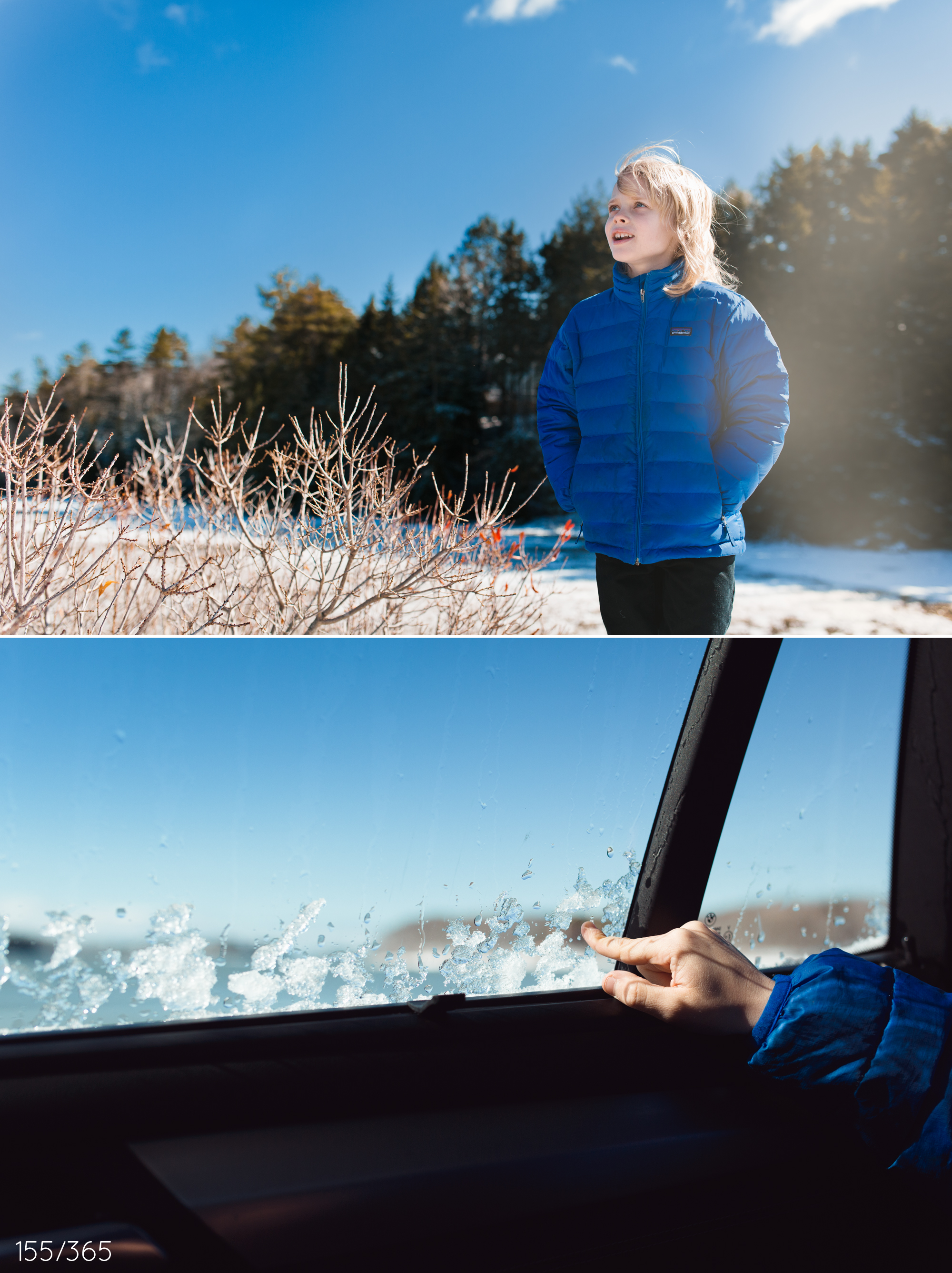 One last day of snow. Brrr. We had to scrape the ice and snow off the car one more time. It was late start day, so we took a few minutes to see the snow at the causeway before heading to the bus stop. The sun was so bright. Your pointing to the snow on the window made me think of watching Frozen recently. Let it go. Winter, winter, time to leave. 