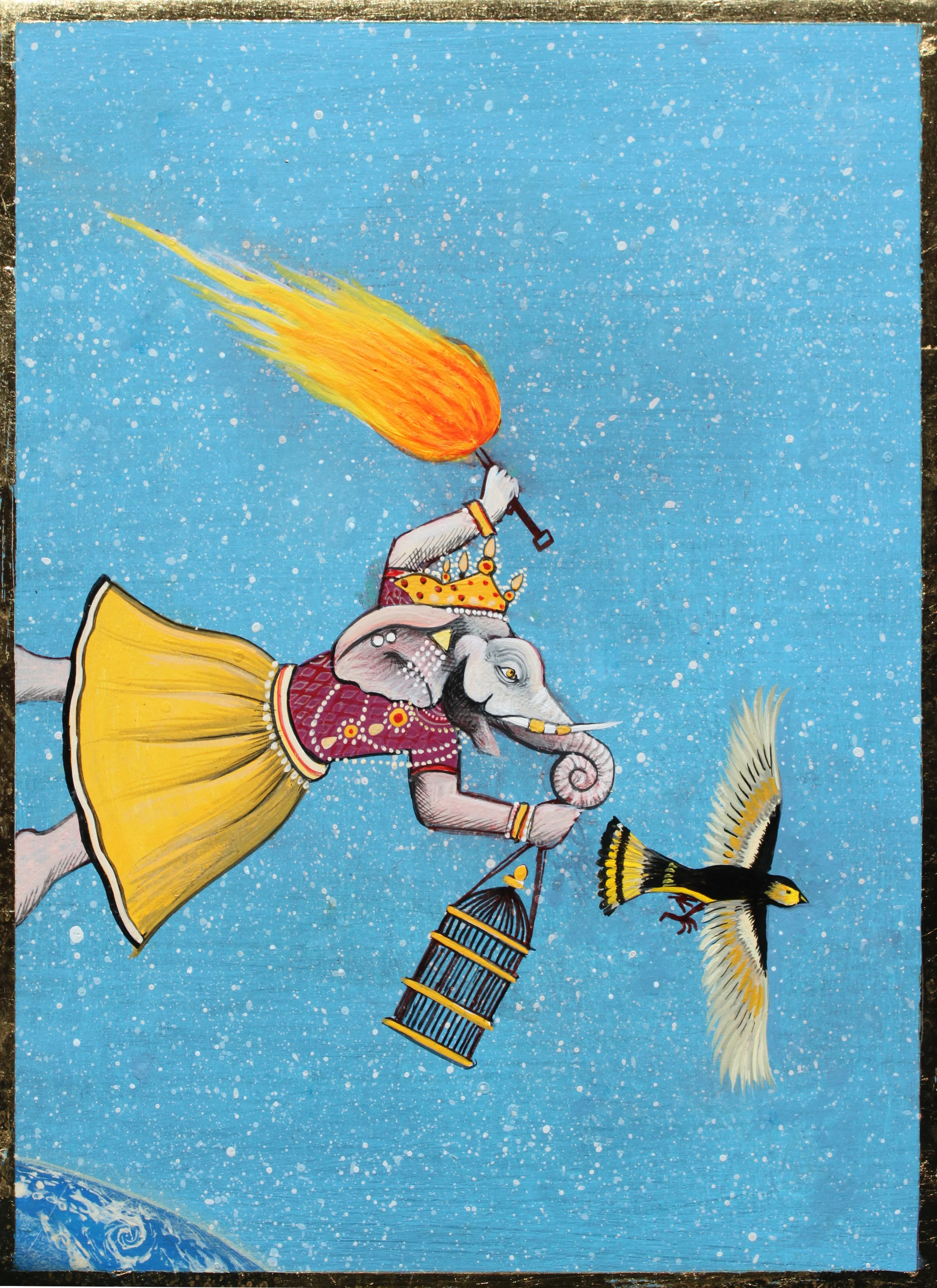 Ganesh and the Bird 2012-2013 acrylic and metal leaf on panel 8 x 6 inche s available at the 13FOREST Gallery