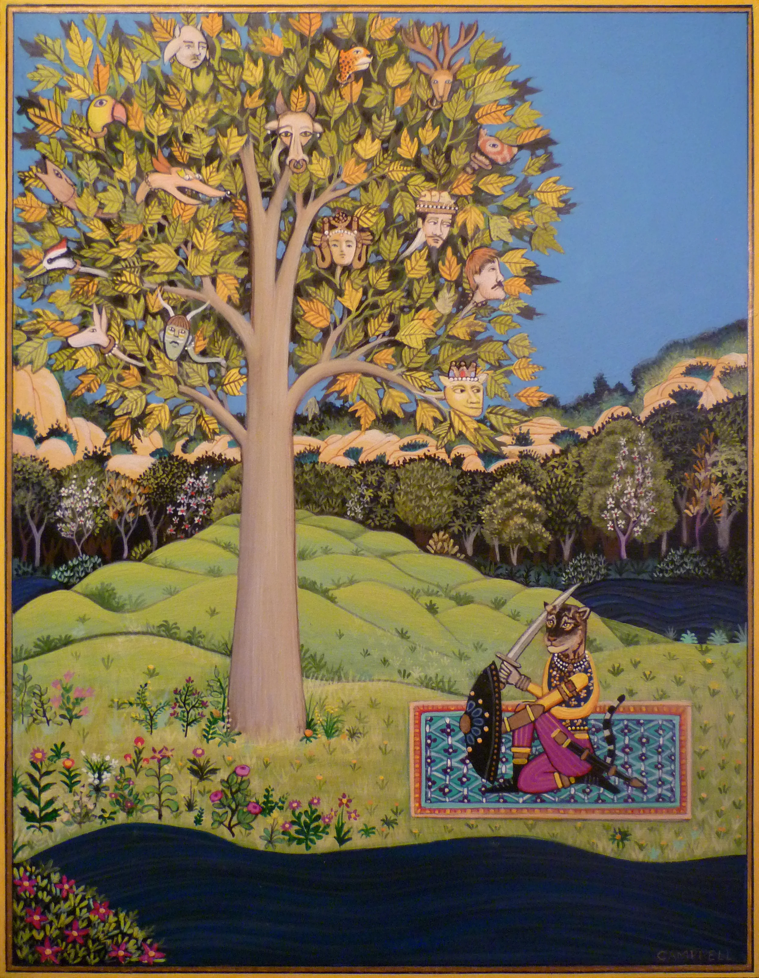 Snow Leopard at the Talking Tree, study 2010 acrylic and metal leaf on panel 9 x 7 inches n ot available